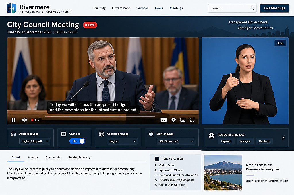 Example of a customer-branded meeting page with the program video, captions, language controls, and a synchronized ASL presentation. Rivermere is an illustration, not a Streaming Compliance customer.