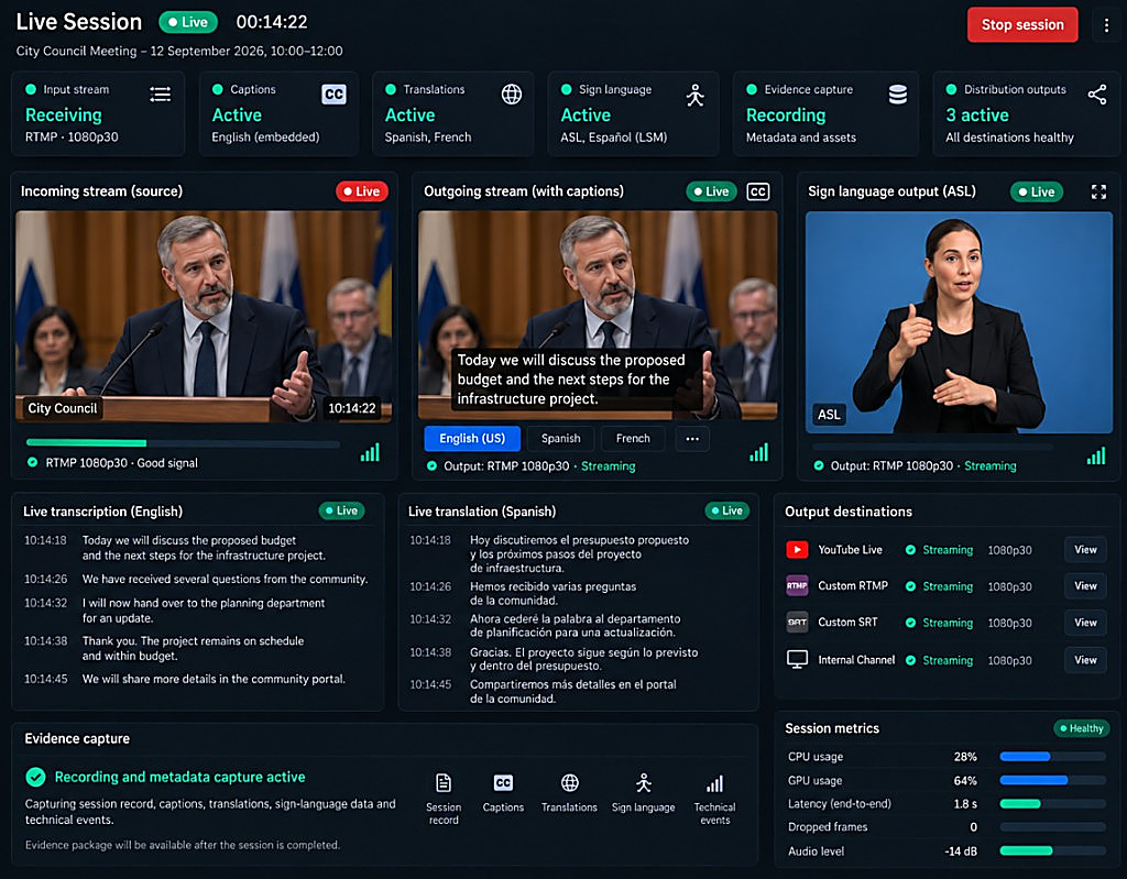 Compliance Studio Monitor during a live session: incoming source, outgoing stream with captions, ASL sign-language output, English transcription, Spanish translation, distribution status, and evidence capture.